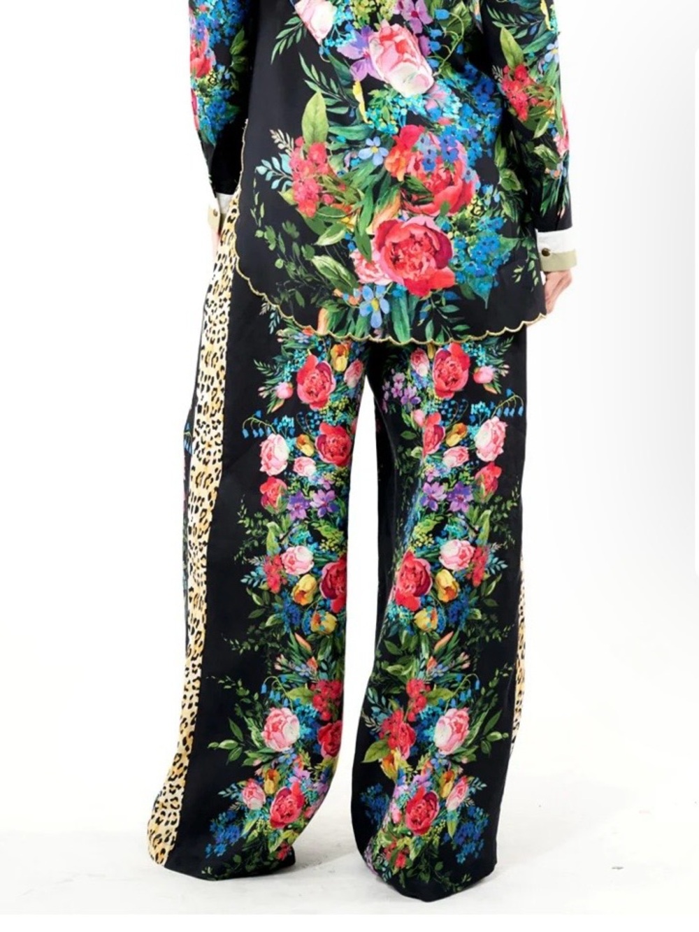 Wide-Leg Floral Pants with Leopard Stripe in Black. Retail $179 pants only - Picture 4 of 5